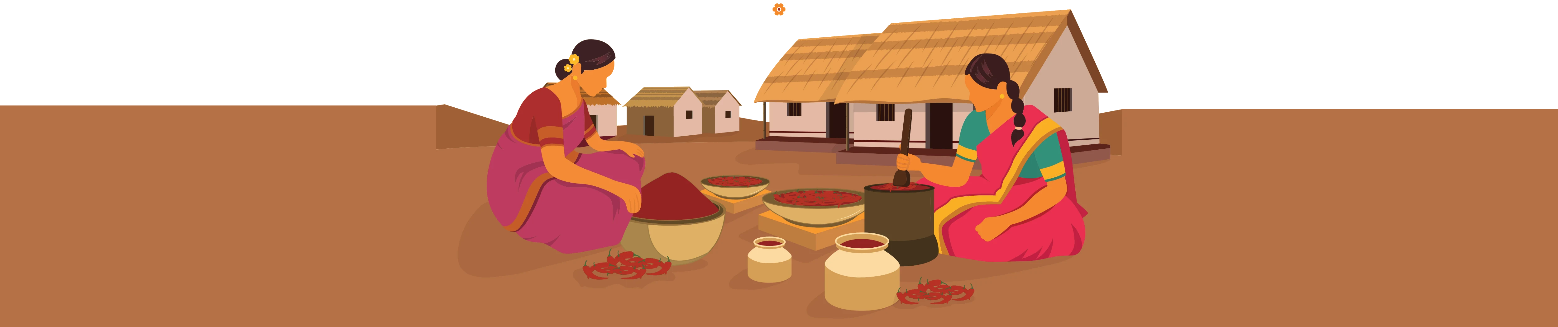 Two women grinding and sun-drying red chillies in a village courtyard, from the KSP pouch